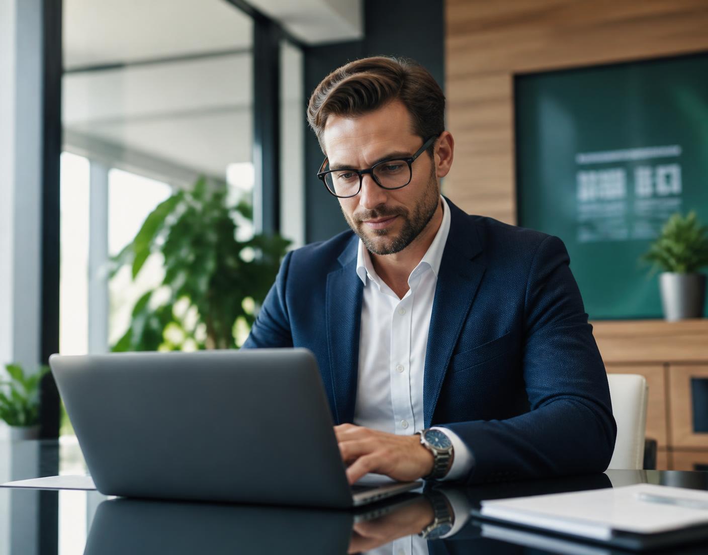 Ondernemer werkt aan zijn online groei achter een laptop